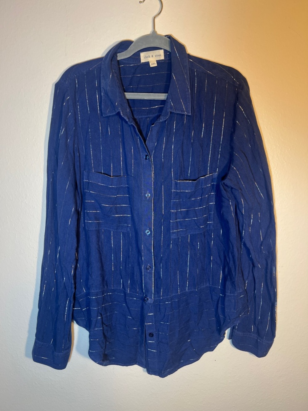 cloth & stone Navy Blue Soft Button-Down Shirt Metallic Silver Pinstripes XXL